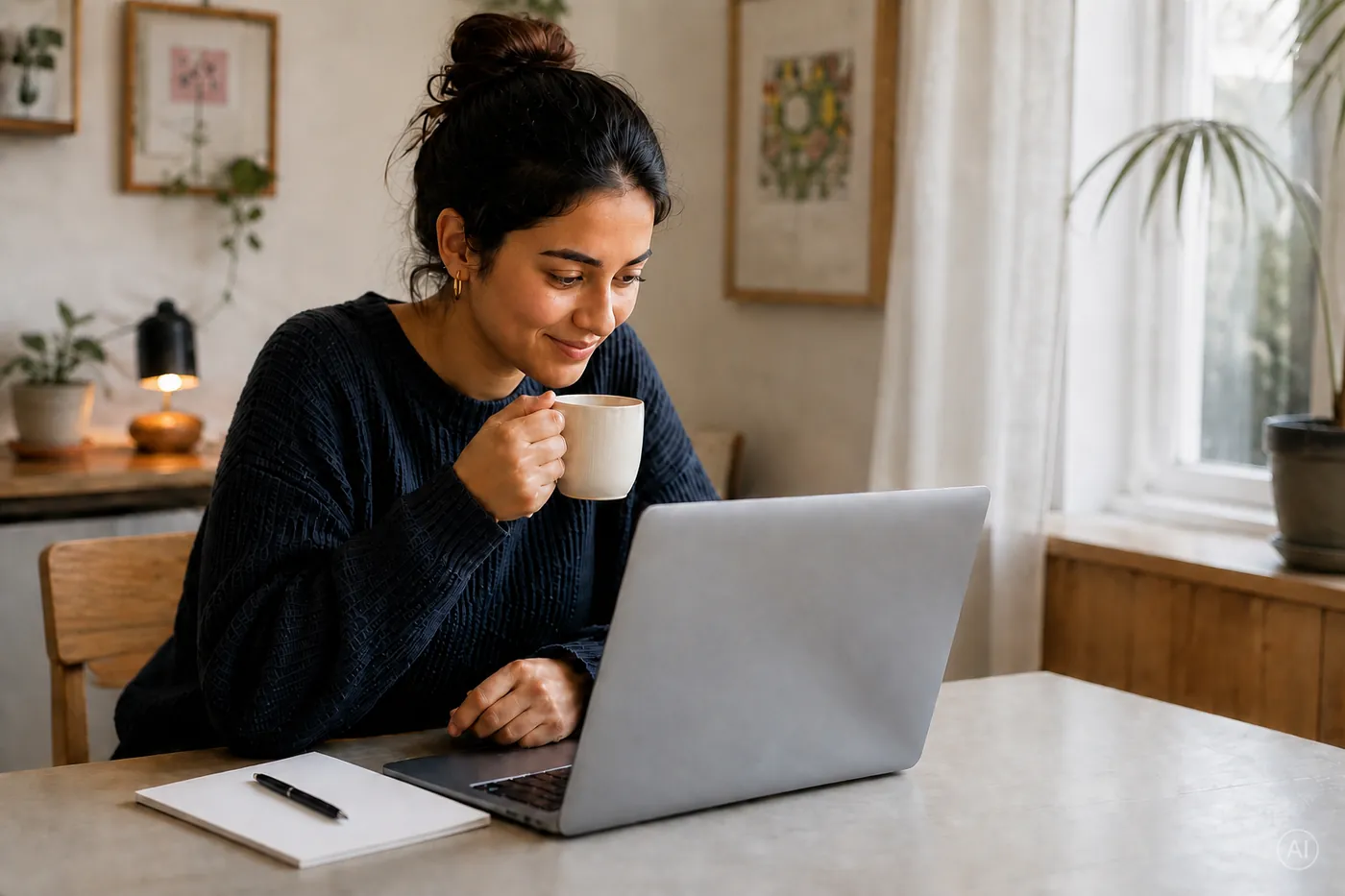 Bewerberin arbeitet entspannt mit smartply an ihrem Laptop. KI-generiertes Bild.