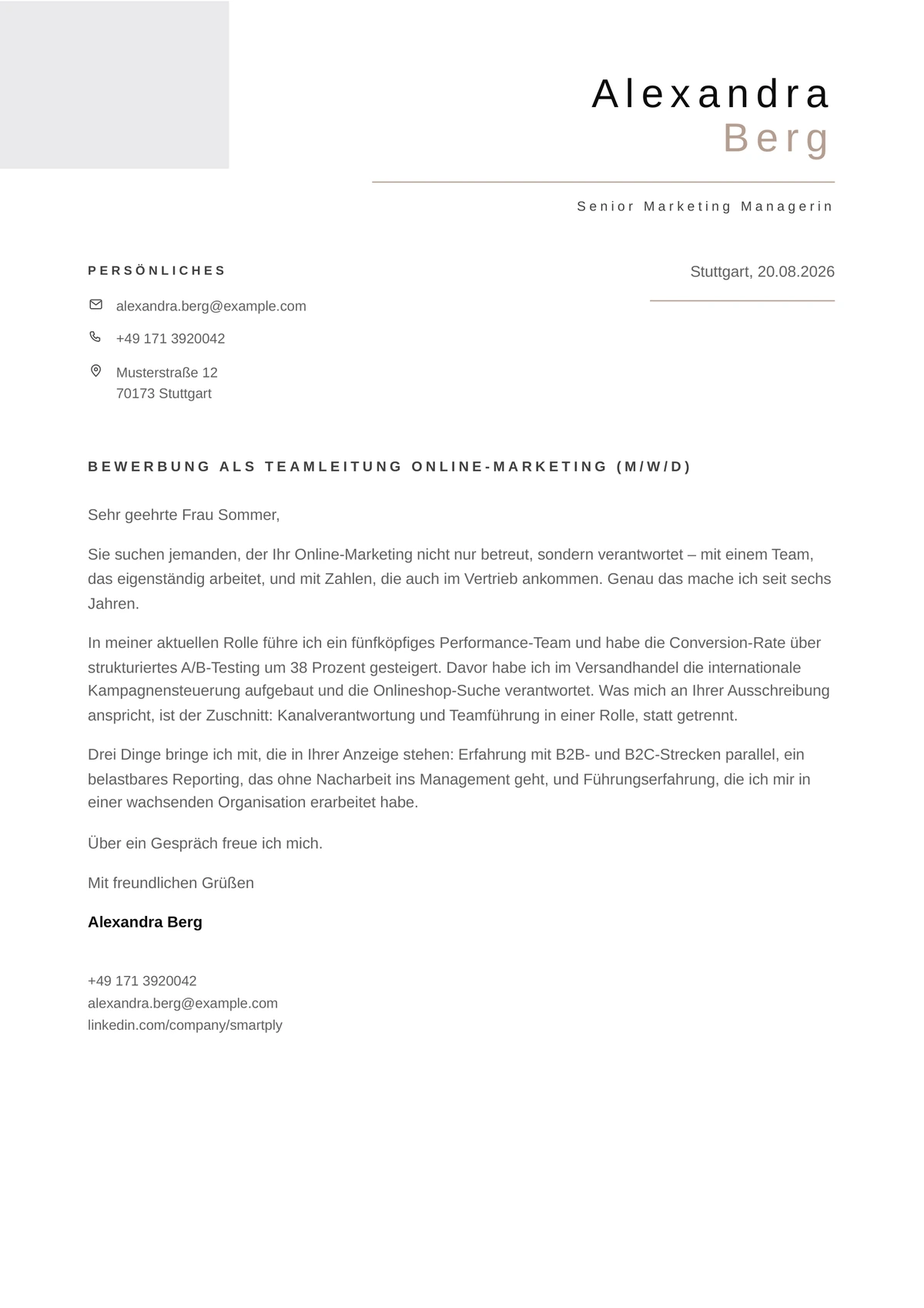 Anschreiben im Design Elegant, gleiche Schrift und Farben wie der Lebenslauf