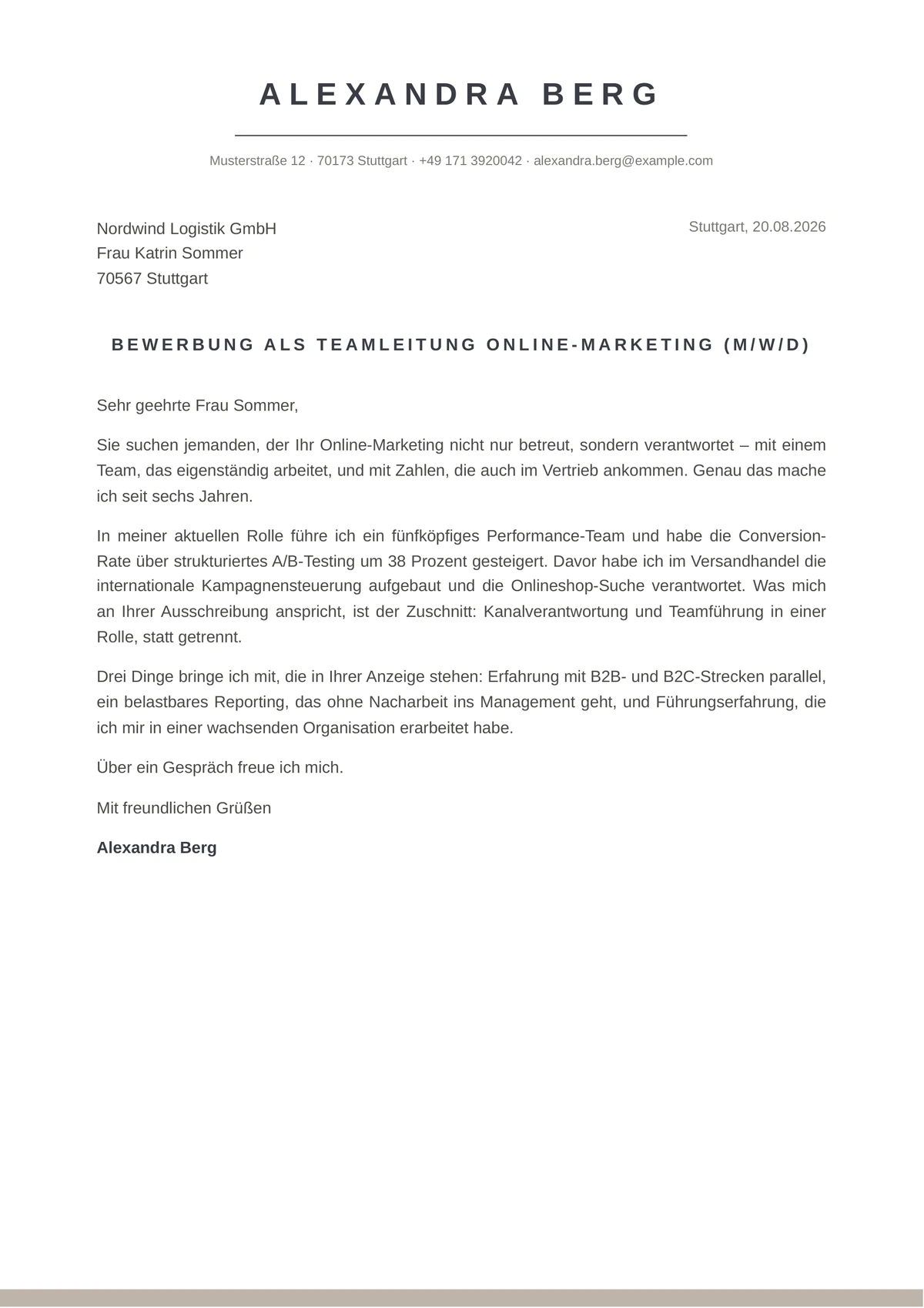 Anschreiben im Design Sand, gleiche Schrift und Farben wie der Lebenslauf